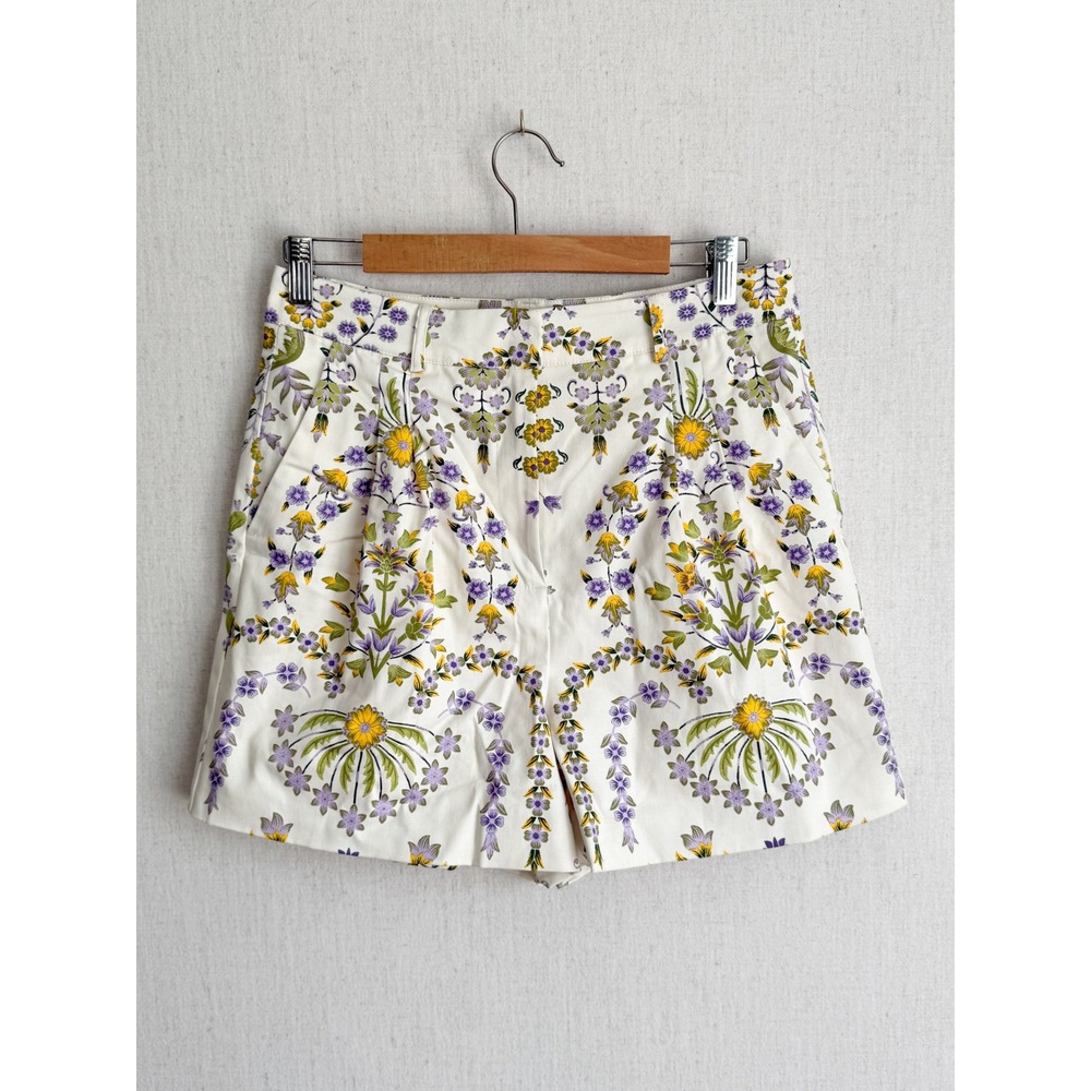 a loves a Floral Botanical Pleated Shorts White Purple Yellow High Rise Cotton M